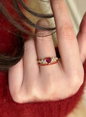 法式复古高碳钻小红心戒指时尚