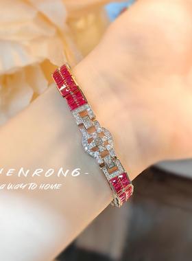 Artdeco复古T方满钻红刚玉手链