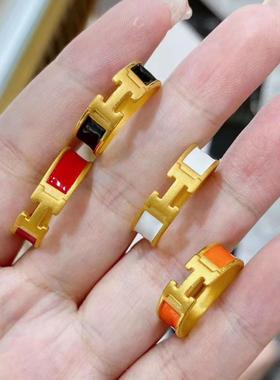 越南沙金镀3D黄金色戒指红色珐琅