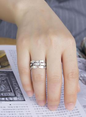 镀925银饰品复古小鱼宽面戒指