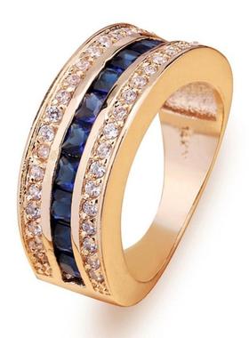 臻荣wish热卖满钻蓝宝石方钻戒指