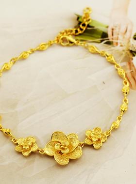 老挝砂金复古花朵镀黄金首饰三件