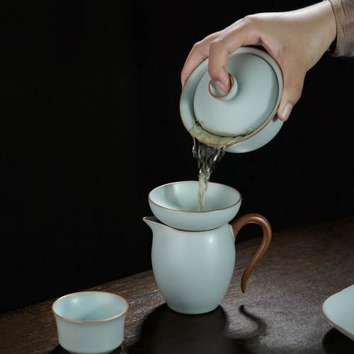 汝窑盖碗套装三才茶杯家用景德镇功夫茶具开片冰裂釉青瓷陶瓷手工 - 图1