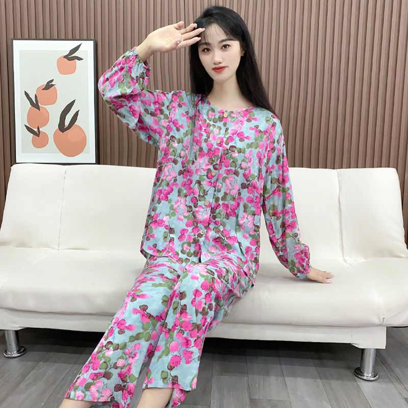 棉绸睡衣春秋款女2025新款长袖长裤不带胸垫可外穿大码家居服套装