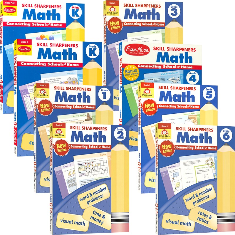 Evan Moor Skill Sharpeners Math PreK-G6 美国加州学龄前幼儿园小学教辅 技能铅笔刀系列数学练习册 儿童英语学习 英文原版图书