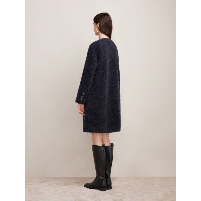 Goodland Women's Winter French Mid-Length Round Neck Eco-Friendly Shearling Fur Coat