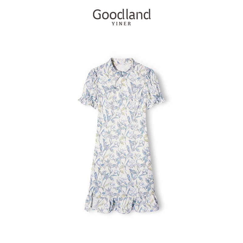 【新中式】Goodland美地女装夏季水蓝色繁花旗袍式连衣裙-图3