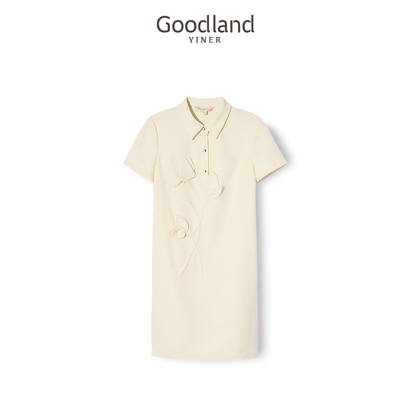 【环保 】Goodland美地女装夏季POLO领立体玫瑰花连衣裙