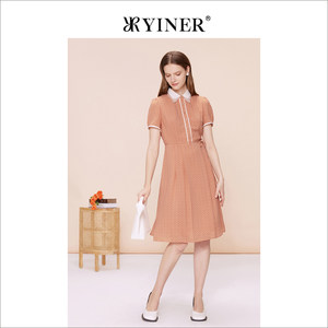 YINER音儿专选女装夏季法式蕾丝拼接翻领连衣裙