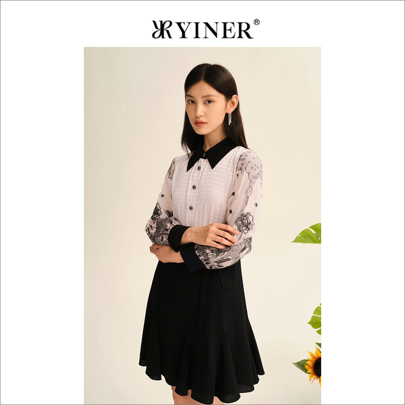 YINER音儿专选秋季女装刺绣印花长袖收腰气质polo衬衫连衣裙,淘宝优惠券,粉丝福利购,淘宝优惠卷