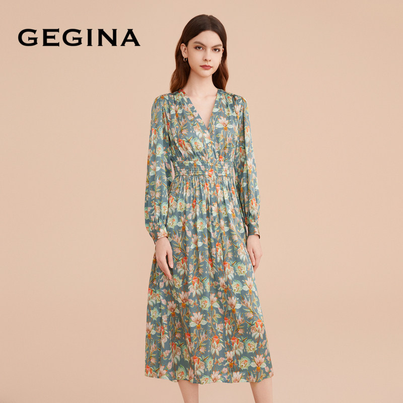 【桑蚕丝】GEGINA吉吉娜新款松紧收腰连衣裙女中长款真丝印花裙子,淘宝优惠券,粉丝福利购,淘宝优惠卷