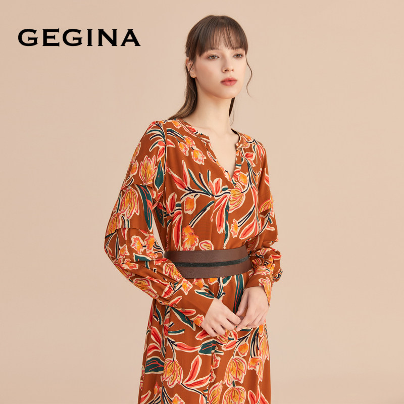 【印花】GEGINA吉吉娜新款植物花卉雪纺垂坠感连衣裙女商场同款,淘宝优惠券,粉丝福利购,淘宝优惠卷