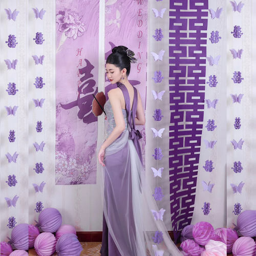 紫色婚房布置套装长条喜字窗帘蝴蝶装饰贴挂饰新婚礼女方卧室结婚 - 图0