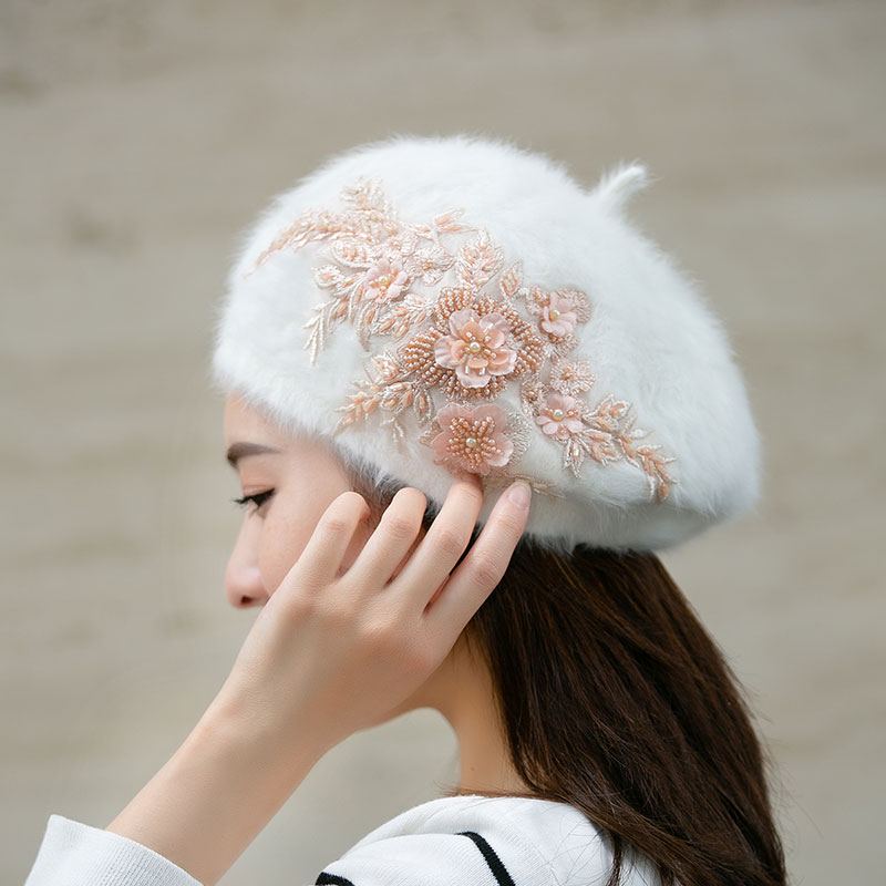 日系手工缝钉珠子贝雷帽女秋冬天韩版兔毛线蓓蕾帽保暖针织画家帽
