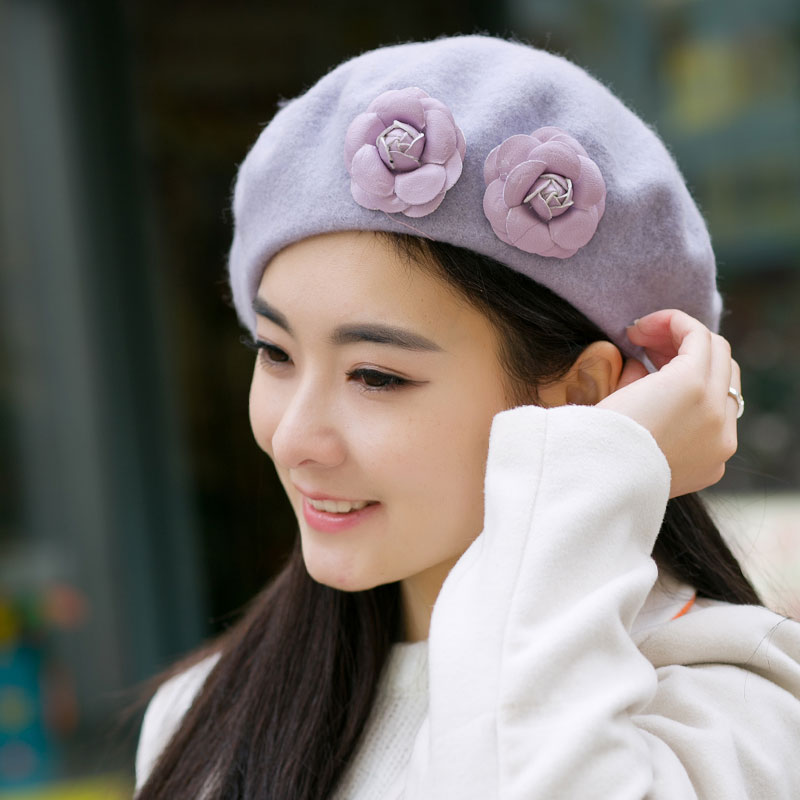 秋冬天帽子女韩国英伦PU皮花羊毛呢贝雷帽女士画家帽毛呢八角帽潮