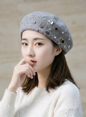 手工水钻八角贝雷帽女秋冬日系百搭时尚复古文艺灰色保暖画家帽子