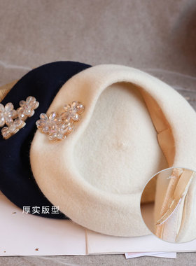 帽子秋冬天英伦贝雷帽日系手工花朵蓓蕾帽八角帽英伦风画家帽女帽