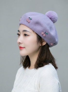 秋冬日系森女羊毛呢可爱兔毛球保暖画家帽紫色镶钻水钻加厚贝雷帽