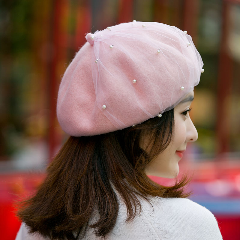 帽子女秋冬天亲子羊毛呢贝雷帽蕾丝网纱钉珠子公主粉色女童画家帽