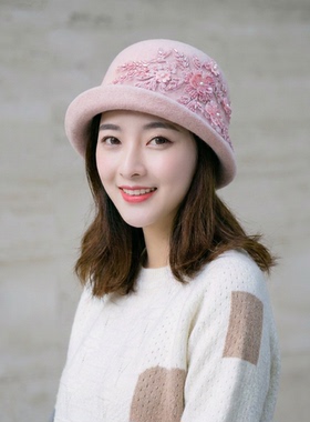 加厚保暖羊毛渔夫帽女士手工缝珠