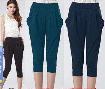 250 ປອນ 300 ຂະຫນາດພິເສດ ice silk cropped pants mid-pants ພາກຮຽນ spring ແລະ summer ໃຫມ່ເກົ້າຈຸດ pants harem pants ສໍາລັບເດັກຍິງໄຂມັນ yoga pants