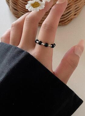 925银小珠子黑玛瑙珠串珠戒指