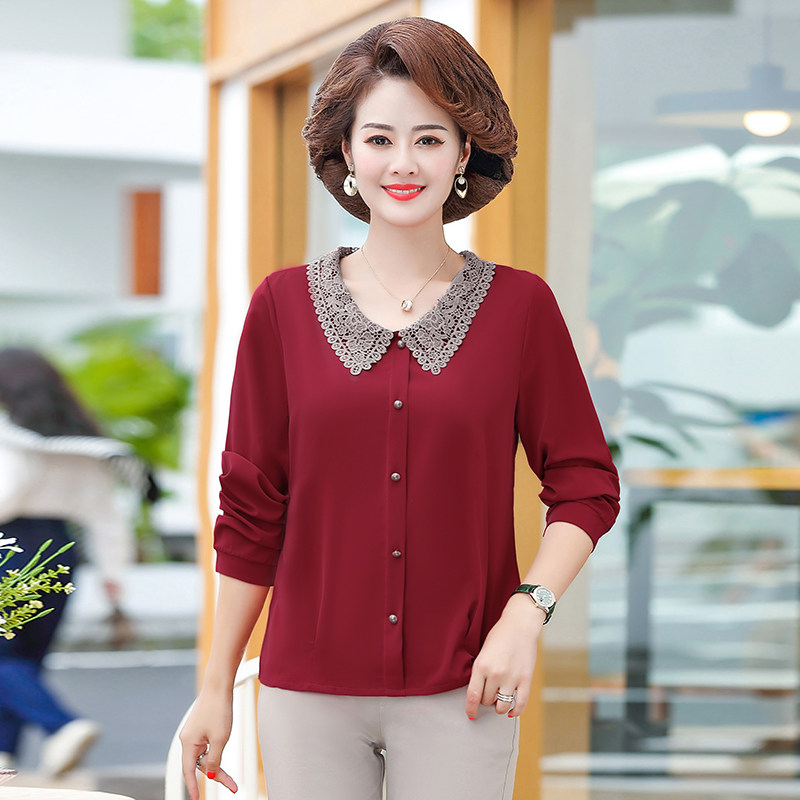 中老年女装2020秋装新款长袖打底衫 红衣景中老年女装
