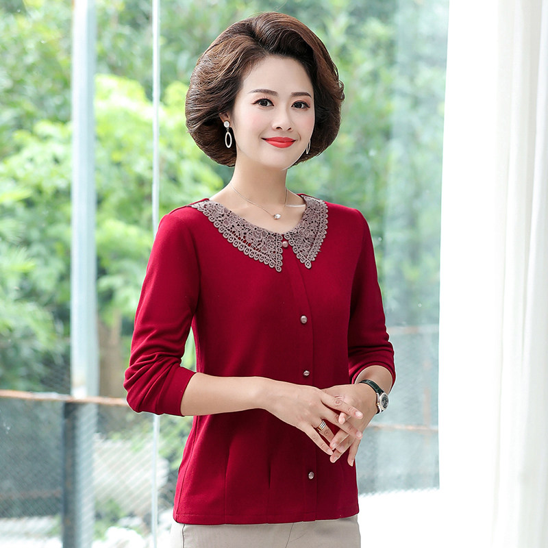 洋气妈妈秋装长袖针织t恤打底衫 红衣景中老年女装