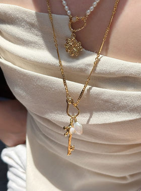 莓拉「逐光密钥」四爷草珍珠吊坠长版毛衣链DIY项链