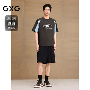 GXG男装 圆领T恤撞色拼接图案印花上衣凉感短袖针织 2025夏季新品