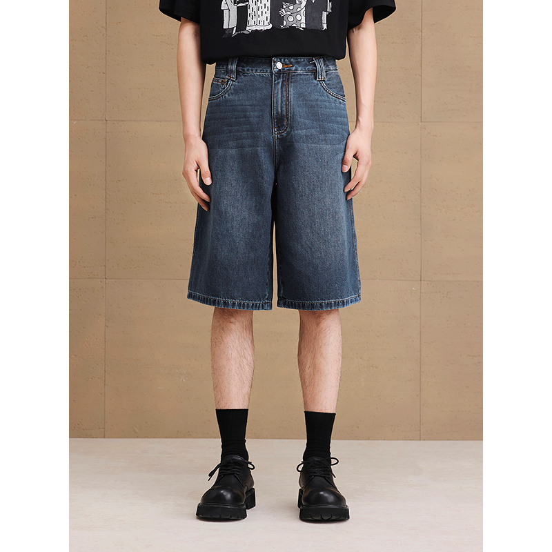 GXG男装 阔腿设计牛仔短裤经典水洗牛仔裤通勤男裤 2025夏季新品