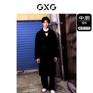 GXG男装 黑色双门襟时尚毛呢大衣男呢大衣风衣外套 23年冬季新品