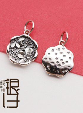 S925纯银双生桃花花边吊牌挂坠