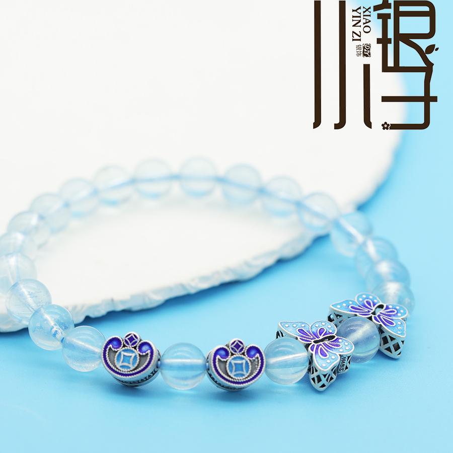 足银隔珠 烧蓝铜钱如意锁竖孔蝴蝶背云扁珠 S999纯银银饰DIY配件 - 图3