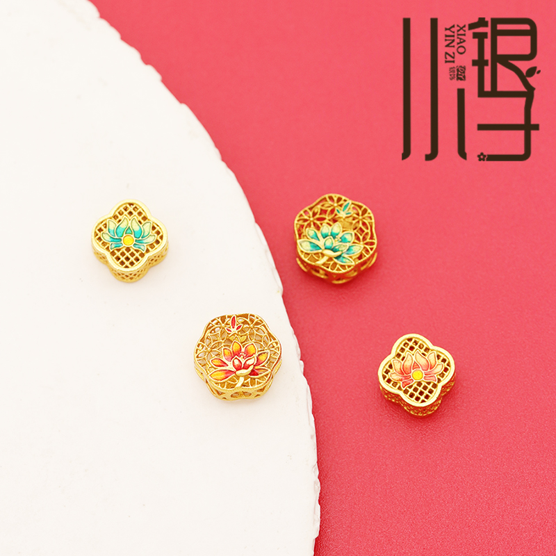 S925纯银隔珠 莲花菱形掐丝花方形背云国风古法银镀金DIY手链配件 - 图2