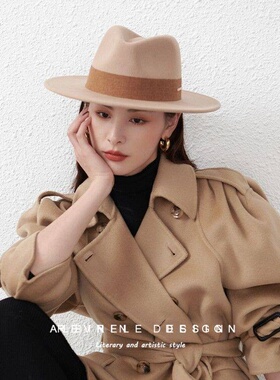 RevRin新款秋冬平沿时尚爵士礼帽男女时尚宽檐黑色百搭欧美大头围