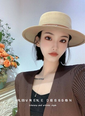 RevRin欧美复古新款皮带装饰平顶女出游街头潮流百搭短檐羊毛呢帽