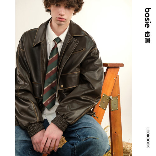 bosie伯喜2025年秋季新款复古做旧水洗pu皮衣外套男情侣夹克百搭 - 图1