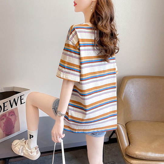 European large version of color striped short-sleeved T-shirt for women