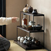 Wrought iron pure solid wood three-layer trapezoidal storage rack tea set rack