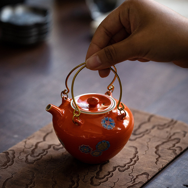 草木祠 雅致皮球花四合提梁壶松石绿日式小茶壶陶瓷功夫泡茶壶