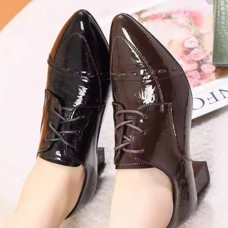2026春季新款中粗跟小皮鞋女百搭漆皮真皮英伦风系带尖头深口单鞋,淘宝优惠券,粉丝福利购,淘宝优惠卷