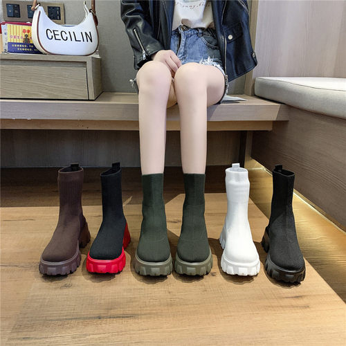 41一43大码女鞋胖脚宽肥飞织弹力袜靴厚底马丁靴女短靴春秋英伦风 - 图0