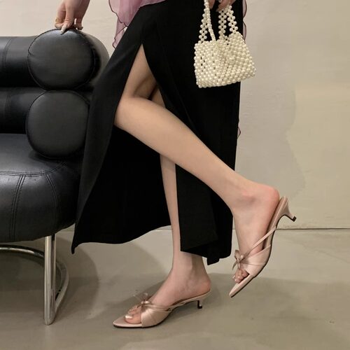 大码女鞋41一43胖脚宽肥蝴蝶结法式小凉拖鞋女夏外穿配裙子高跟拖 - 图2