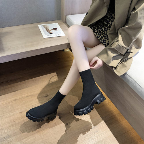 41一43大码女鞋胖脚宽肥飞织弹力袜靴厚底马丁靴女短靴春秋英伦风 - 图2