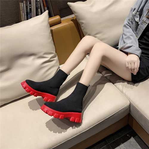 41一43大码女鞋胖脚宽肥飞织弹力袜靴厚底马丁靴女短靴春秋英伦风 - 图1