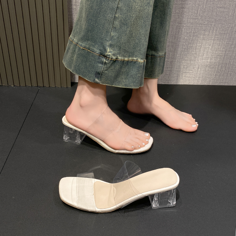 大码女鞋41一43胖脚宽肥法式绝美透明一字带拖鞋女仙女风高跟凉拖 - 图0