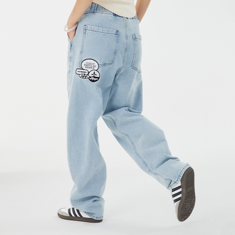 APOGE3阿保机 秋冬斜角水洗直筒牛仔裤男女宽松潮牌百搭阔腿长裤 - 图1