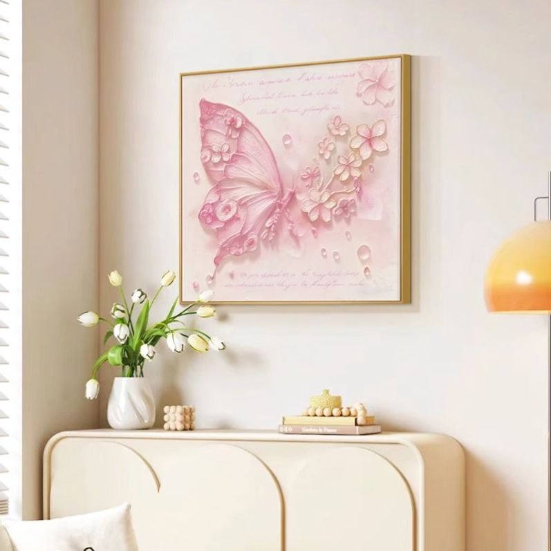 ins奶油风粉色蝴蝶花卉清新治愈挂画餐厅客厅玄关装饰画斗柜摆画 - 图0