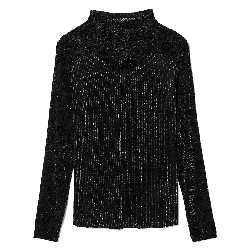 黑色金丝绒女士秋衣新款蕾丝打底衫 衣堂本T恤